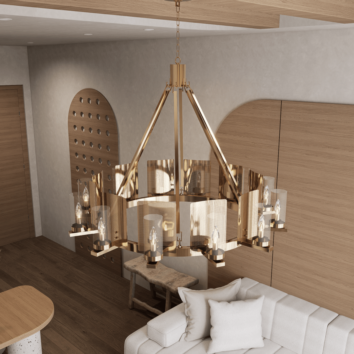 12-Light Ring Chandelier Ceiling Light in Brass Finish with Clear Glass, 120V, Bulb Type B10, Socket Type E12, Max wattage Per Socket 60W - 50“D x 39”H