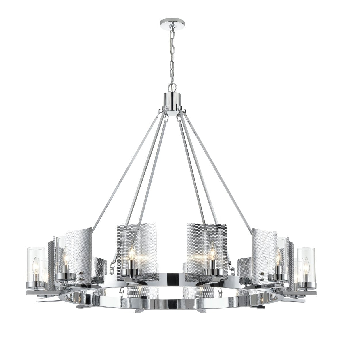 12-Light Ring Chandelier Ceiling Light in Chrome Finish with Clear Glass, Diam 50" Height 39", 120V, Bulb Type B10, Socket Type E12, Max wattage Per Socket 60W