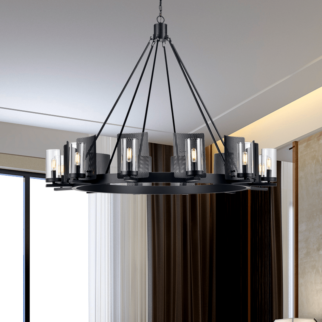 12-Light Ring Chandelier Ceiling Light in Matte Black Finish with Clear Glass, Diam 50" Height 39", 120V, Bulb Type B10, Socket Type E12, Max wattage Per Socket 60W