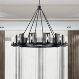 12-Light Ring Chandelier Ceiling Light in Matte Black Finish with Clear Glass, Diam 50" Height 39", 120V, Bulb Type B10, Socket Type E12, Max wattage Per Socket 60W