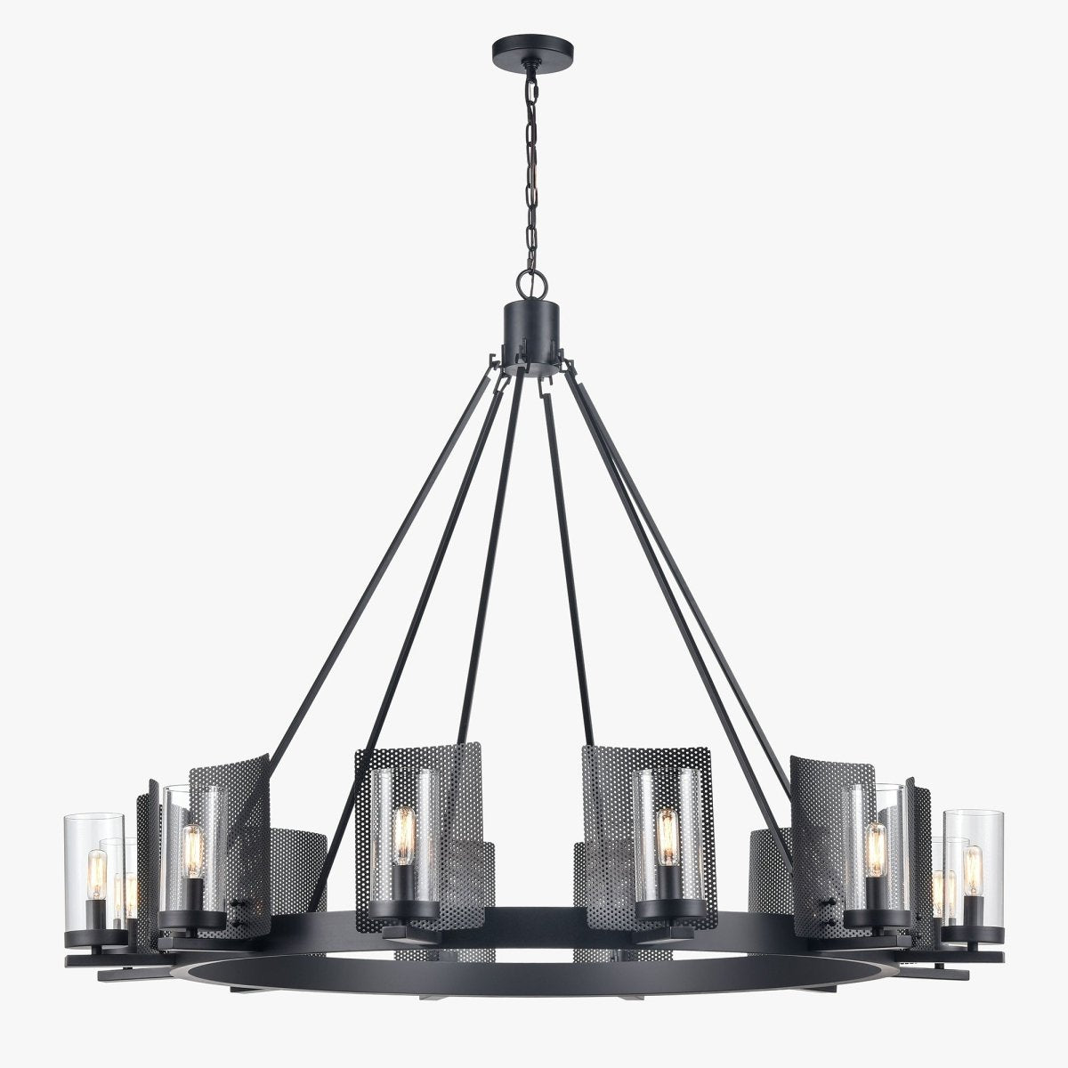 12-Light Ring Chandelier Ceiling Light in Matte Black Finish with Clear Glass, Diam 50" Height 39", 120V, Bulb Type B10, Socket Type E12, Max wattage Per Socket 60W