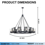 12-Light Ring Chandelier Ceiling Light in Matte Black Finish with Clear Glass, Diam 50" Height 39", 120V, Bulb Type B10, Socket Type E12, Max wattage Per Socket 60W