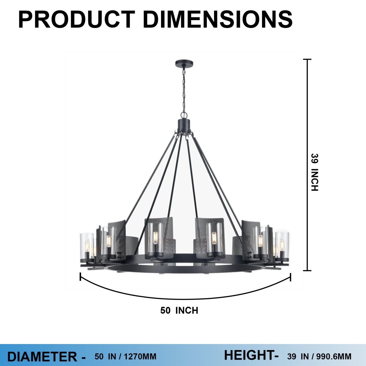 12-Light Ring Chandelier Ceiling Light in Matte Black Finish with Clear Glass, Diam 50" Height 39", 120V, Bulb Type B10, Socket Type E12, Max wattage Per Socket 60W