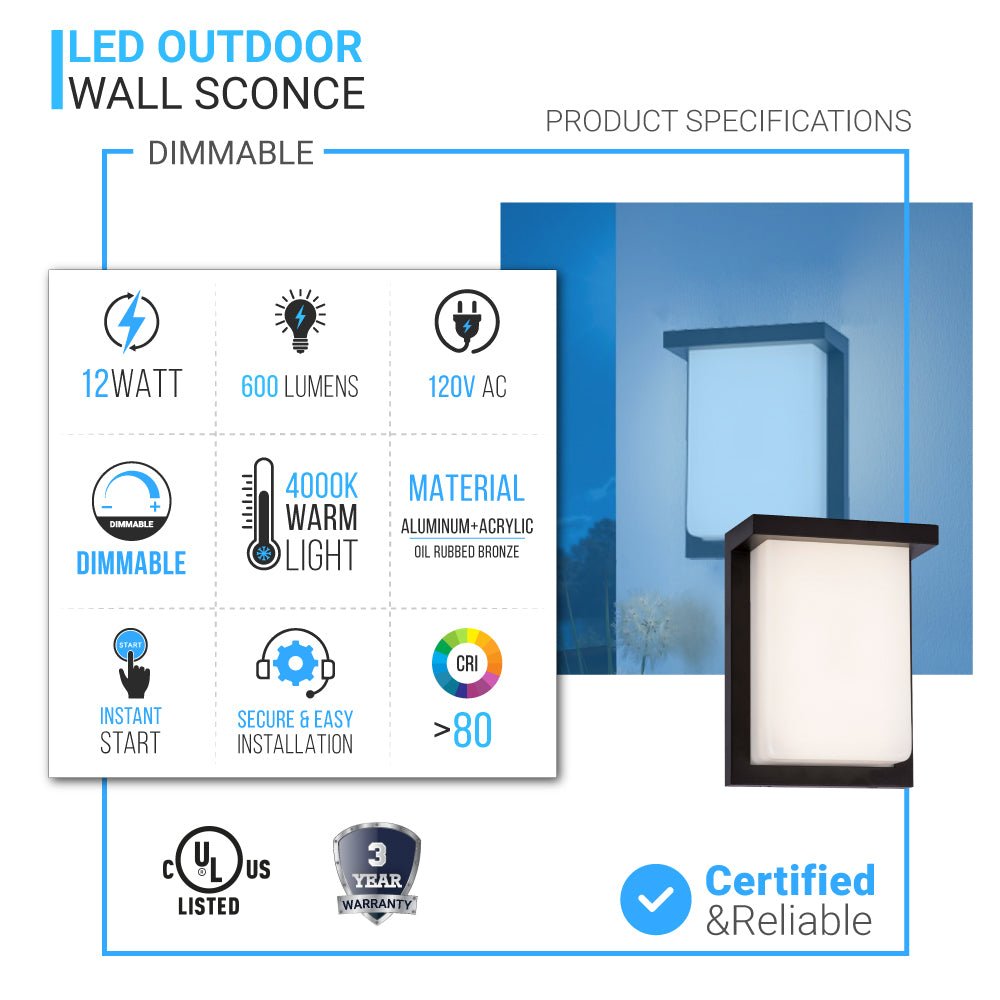 12W LED Outdoor Wall Sconce Light - Oil Rubbed Bronze Finish, 600LM, ETL Listed - Wet Location LED Outdoor Wall Light