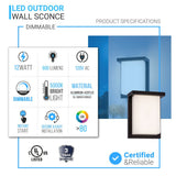 12W LED Outdoor Wall Sconce Light - Oil Rubbed Bronze Finish, 600LM, ETL Listed - Wet Location LED Outdoor Wall Light