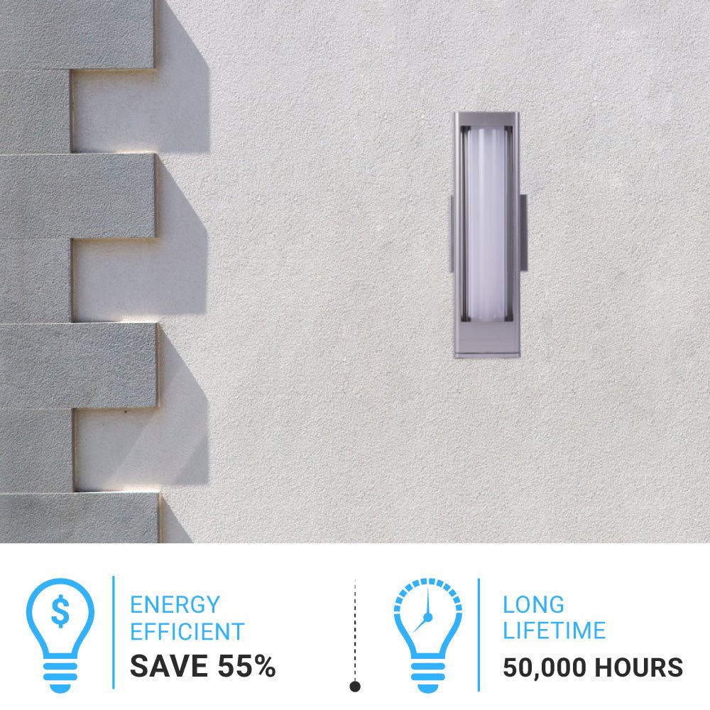 12W Modern LED Outdoor Wall Sconce Light, Silver Finish, Dimmable, ETL Listed - Wet Location