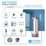 12W Modern LED Outdoor Wall Sconce Light, Silver Finish, Dimmable, ETL Listed - Wet Location