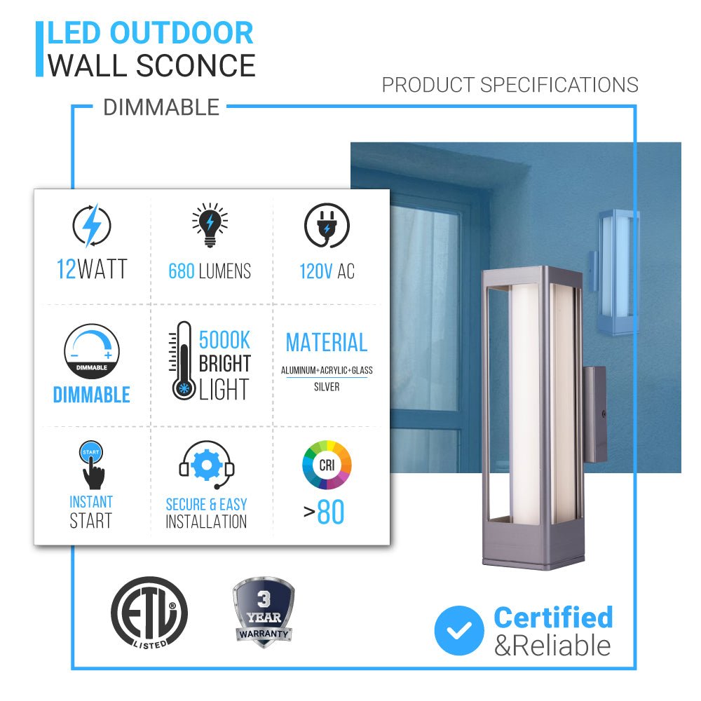 12W Modern LED Outdoor Wall Sconce Light, Silver Finish, Dimmable, ETL Listed - Wet Location