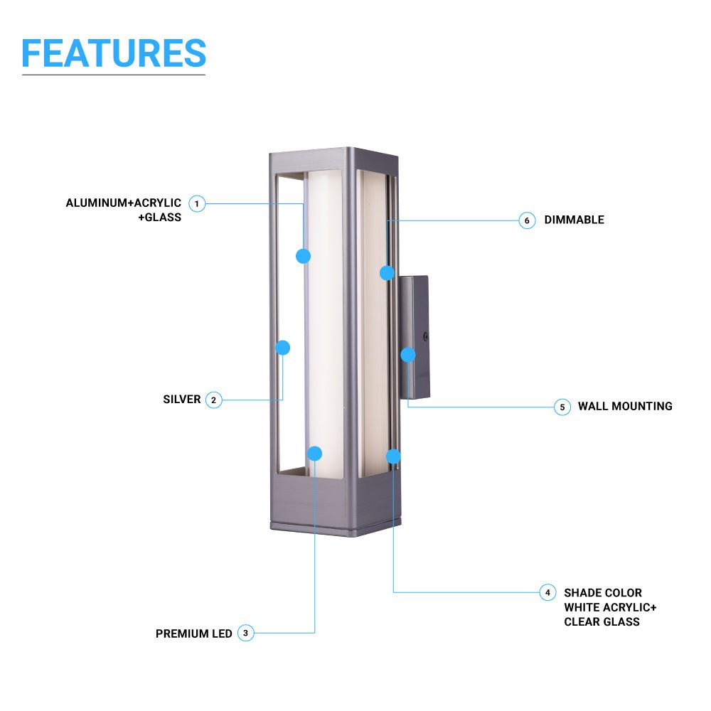 12W Modern LED Outdoor Wall Sconce Light, Silver Finish, Dimmable, ETL Listed - Wet Location