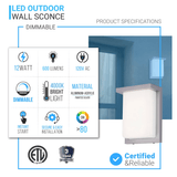 12W Rectangle Shape LED Outdoor Wall Sconce, Painted Silver Finish, White Acrylic Shade, ETL Listed
