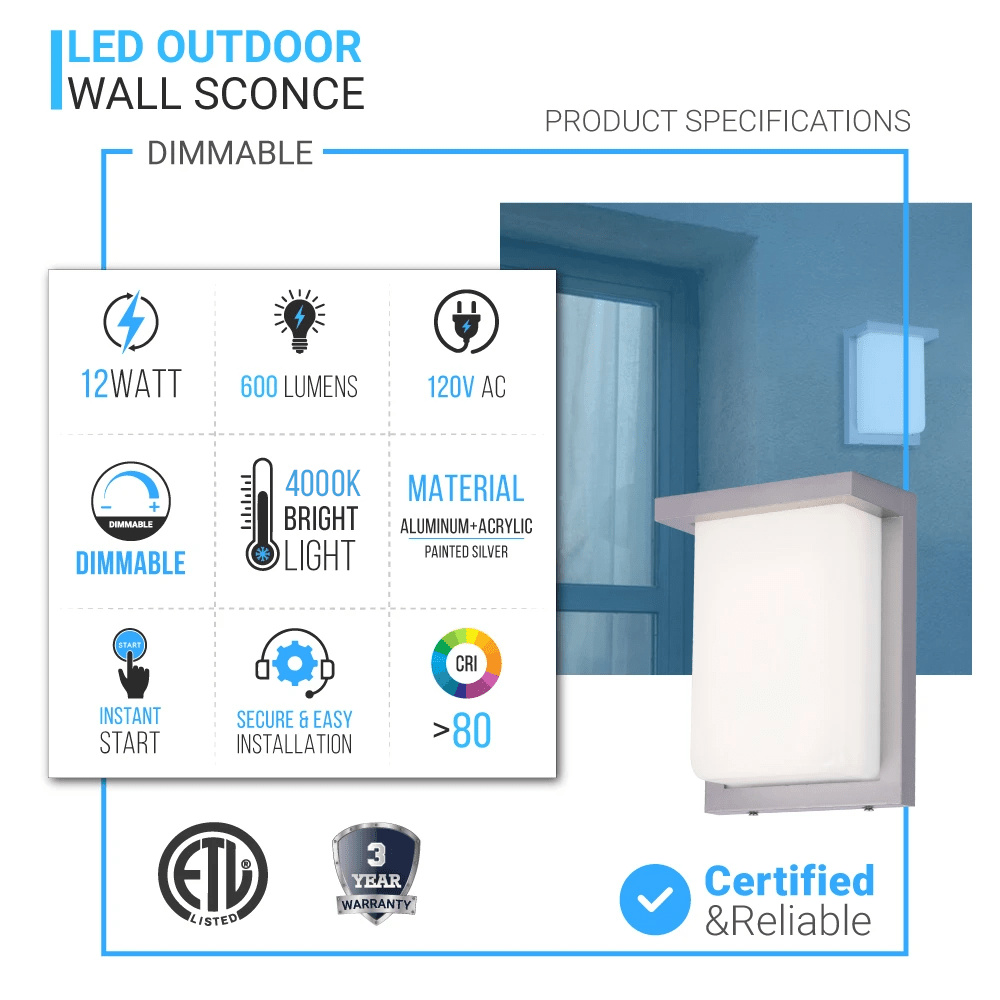 12W Rectangle Shape LED Outdoor Wall Sconce, Painted Silver Finish, White Acrylic Shade, ETL Listed