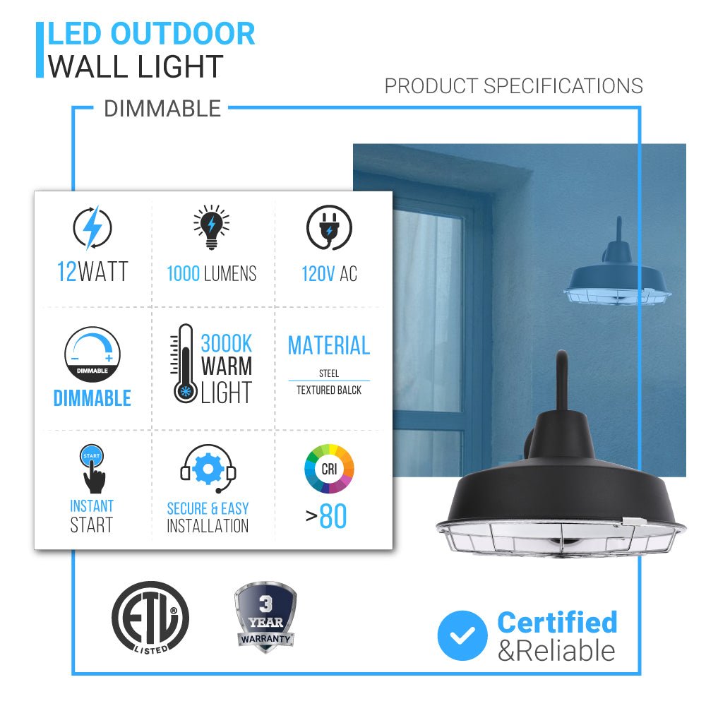 12W Textured Black Gooseneck LED Outdoor Wall Light with Nickel Cage, 3000K (Warm White), Dimmable, 1000 Lumens, ETL Listed