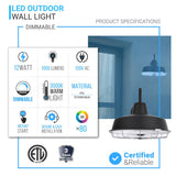 12W Textured Black Gooseneck LED Outdoor Wall Light with Nickel Cage, 3000K (Warm White), Dimmable, 1000 Lumens, ETL Listed