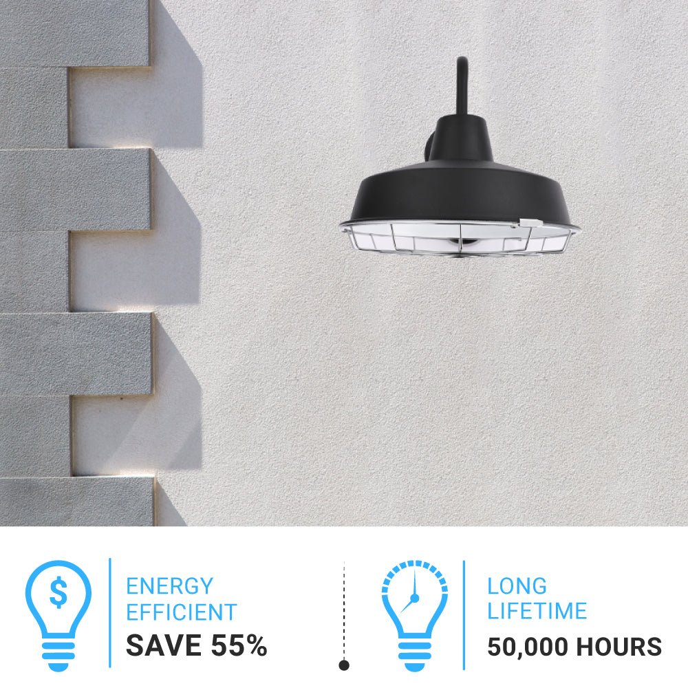 12W Textured Black Gooseneck LED Outdoor Wall Light with Nickel Cage, 3000K (Warm White), Dimmable, 1000 Lumens, ETL Listed
