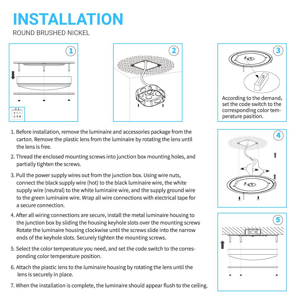 14 in. Round Brushed Nickel Dimmable Flush Mount Ceiling Light, Single Ring - 1750 Lumens - Power - 25W - 3 Color Switchable (3000K/4000K/5000K)