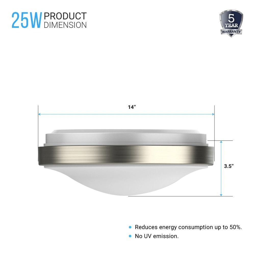 14 in. Round Brushed Nickel Dimmable Flush Mount Ceiling Light, Single Ring - 1750 Lumens - Power - 25W - 3 Color Switchable (3000K/4000K/5000K)