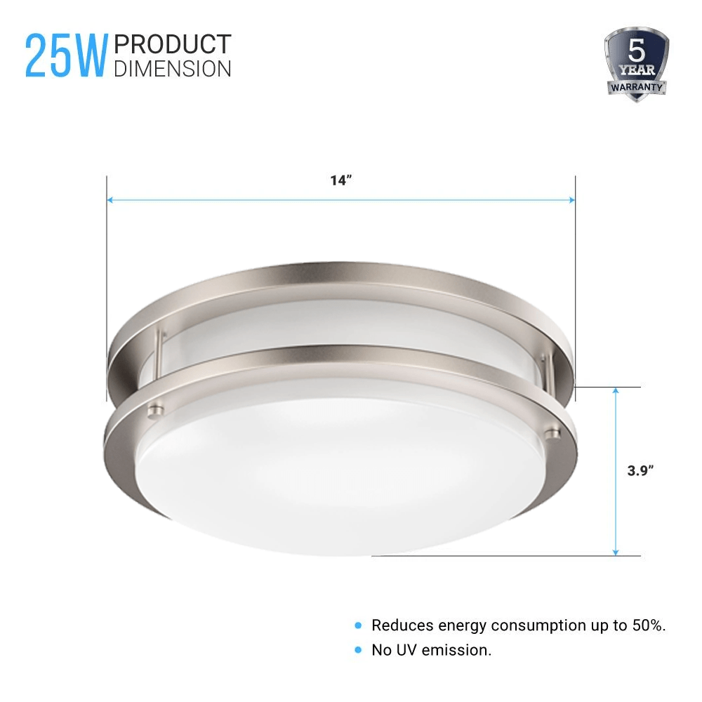 14 inch Dimmable LED Flush Mount Ceiling Lights, Double Ring, 22W, 1600 Lumens, 3000K/4000K/5000K Changeable Ceiling Lights, Brushed Nickel Finish Steel, For Hallway Kitchen Stairwell, ETL Listed
