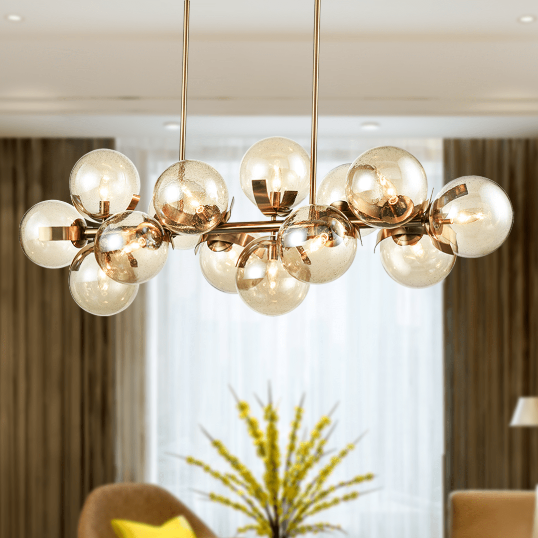 14-Light Linear Chandeliers for Dining Room Glass Globe New Brass Finish Hardware Finish with Mercury Glass, Pendant Lighting, E12 Base - 57"L x 17.5”W x 19“H