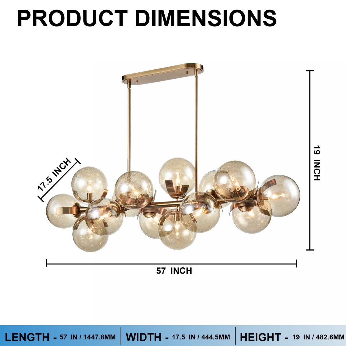 14-Light Linear Chandeliers for Dining Room Glass Globe New Brass Finish Hardware Finish with Mercury Glass, Pendant Lighting, E12 Base - 57"L x 17.5”W x 19“H