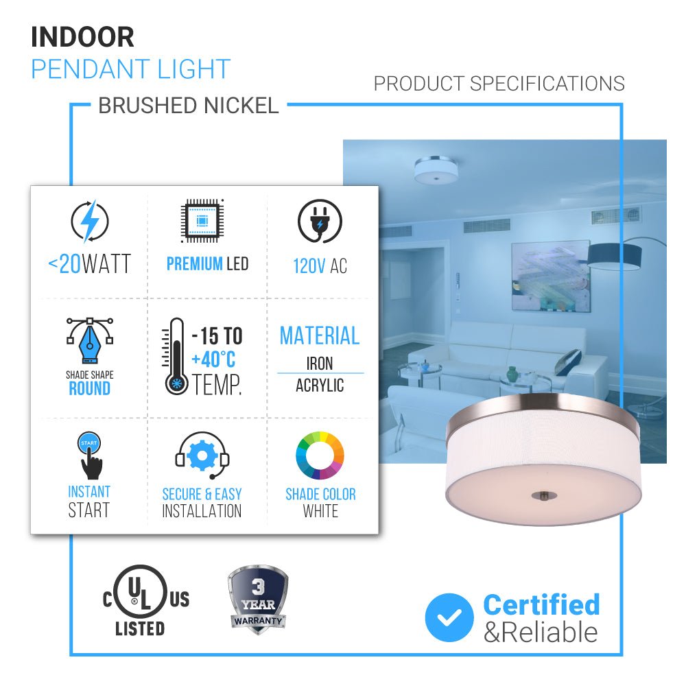 15 in. Drum Shape LED Flush Ceiling Mount Light, 20W, 4000K (Cool White), 2800LM Brushed Nickel Finish & Milky White Acrylic Shade, Hallway Light Fixtures