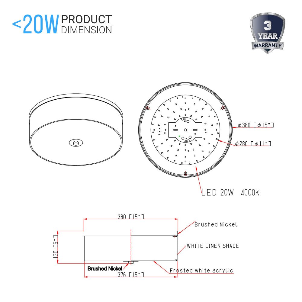 15 in. Drum Shape LED Flush Ceiling Mount Light, 20W, 4000K (Cool White), 2800LM Brushed Nickel Finish & Milky White Acrylic Shade, Hallway Light Fixtures