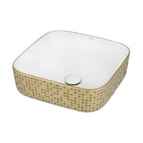 15 x 15 inch Bathroom Vessel Sink Gold Decorative Pattern Above Vanity Counter White Porcelain Ceramic