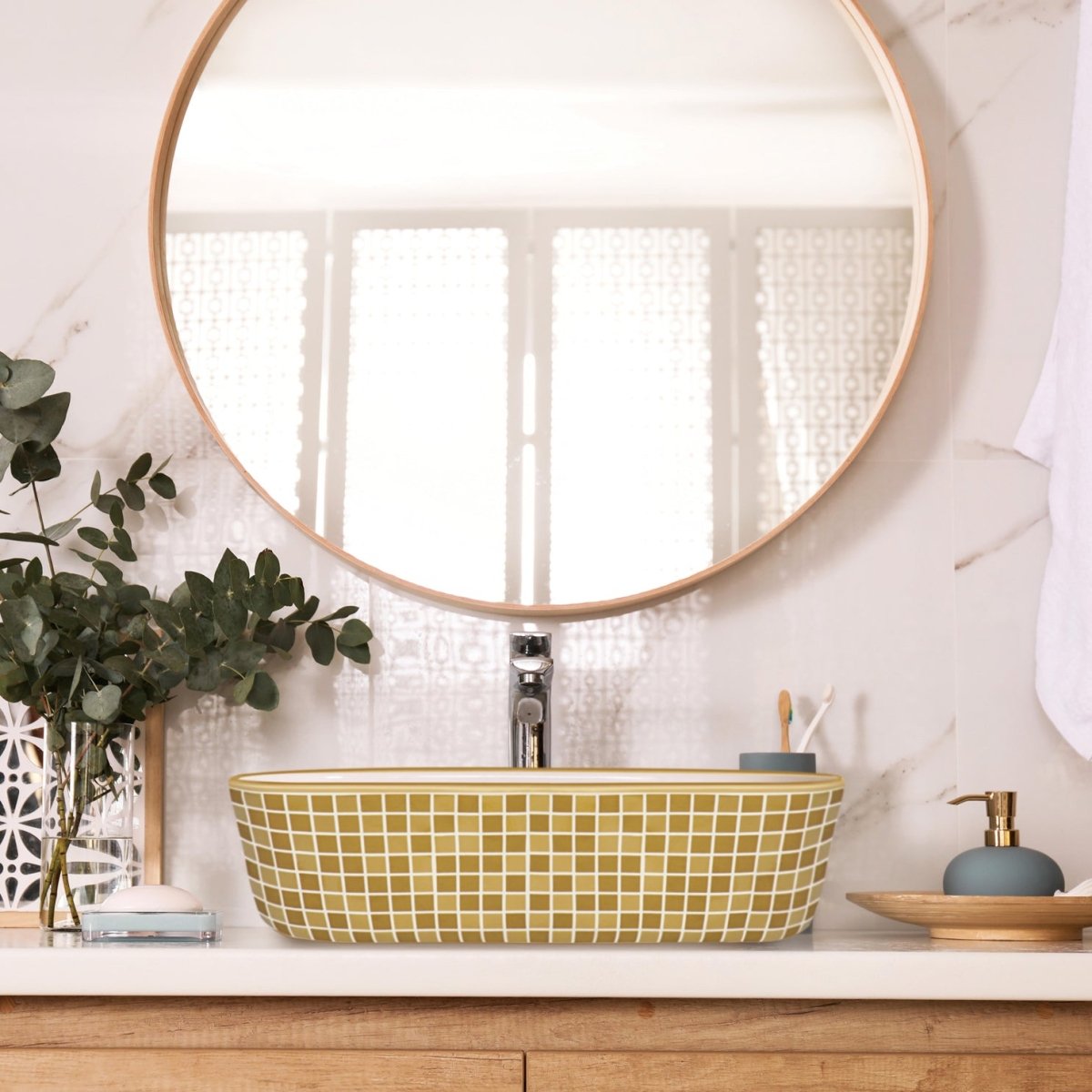 15 x 15 inch Bathroom Vessel Sink Gold Decorative Pattern Above Vanity Counter White Porcelain Ceramic