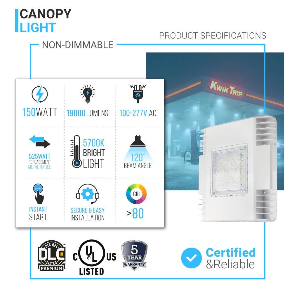 150 Watt LED Canopy Light, 5700K, 19000LM, AC100-277V, DLC Premium Recessed Surface Mount, For High Bay Carport, Gas Stations, Indoor Parking, Underpasses, Loading Docks, Outdoor Area Light