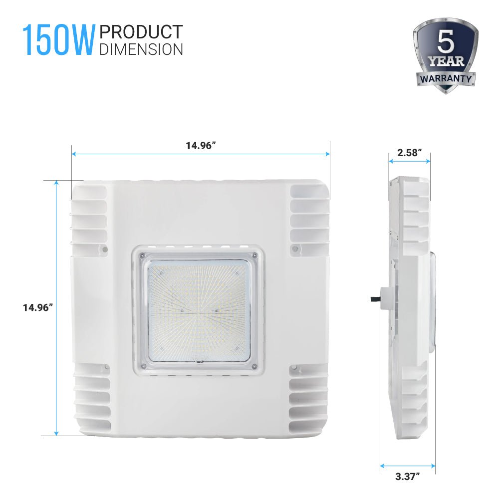 150 Watt LED Canopy Light, 5700K, 19000LM, AC100-277V, DLC Premium Recessed Surface Mount, For High Bay Carport, Gas Stations, Indoor Parking, Underpasses, Loading Docks, Outdoor Area Light