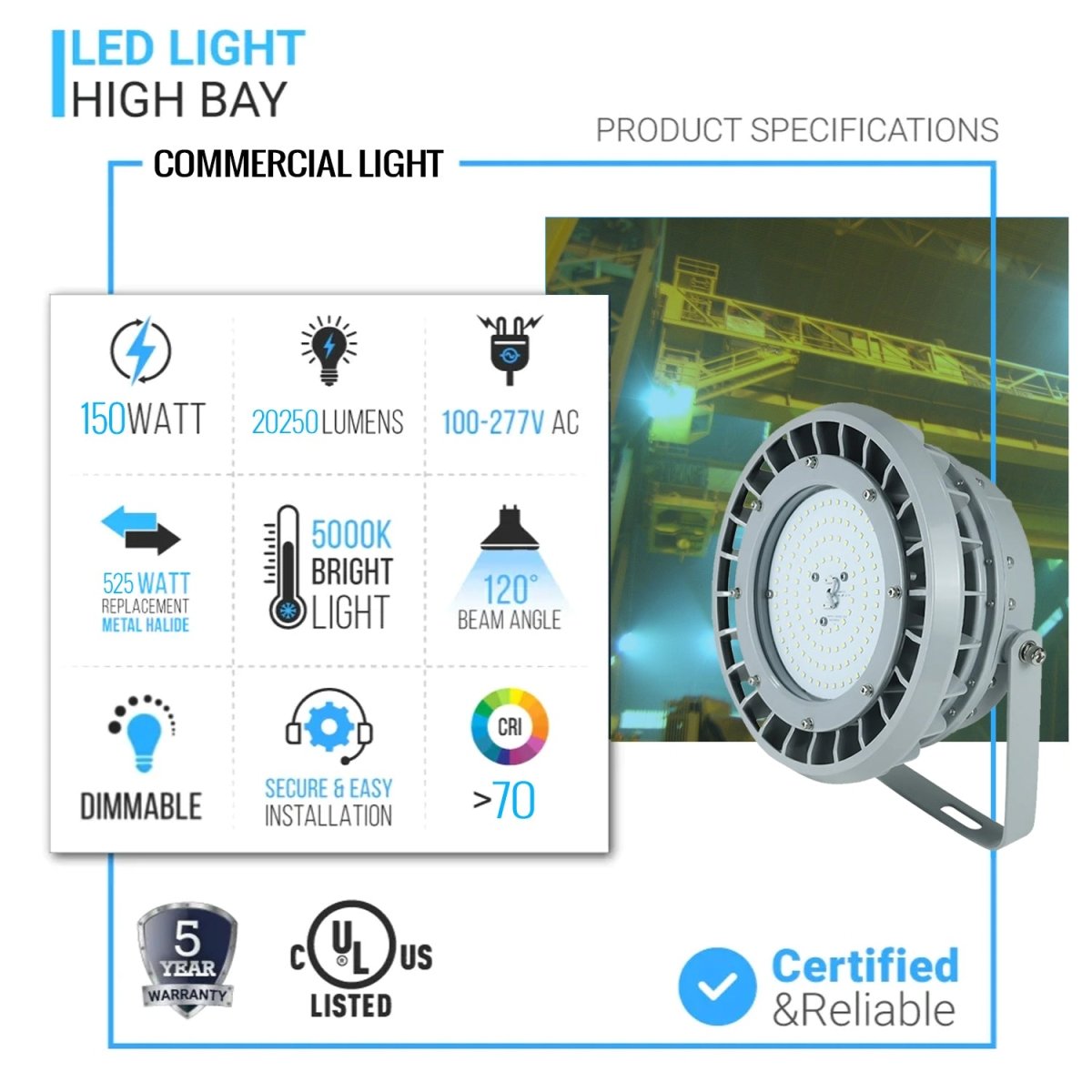 150 Watt LED Explosion Proof Round High Bay Light, B Series, Dimmable, 5000K, 20250LM, AC100-277V, IP66, Hazardous Location Lighting Fixtures