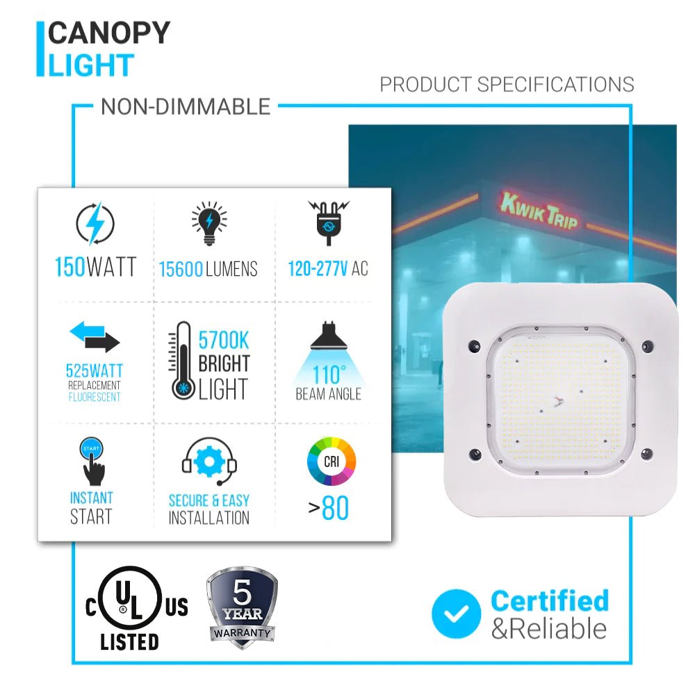 150W LED Canopy Light, 15600LM, 5700K, UL, Damp/Wet Locations, For Gas Stations, High Bay Carport, Indoor Parking, Underpasses, Loading Docks, Outdoor Area Light