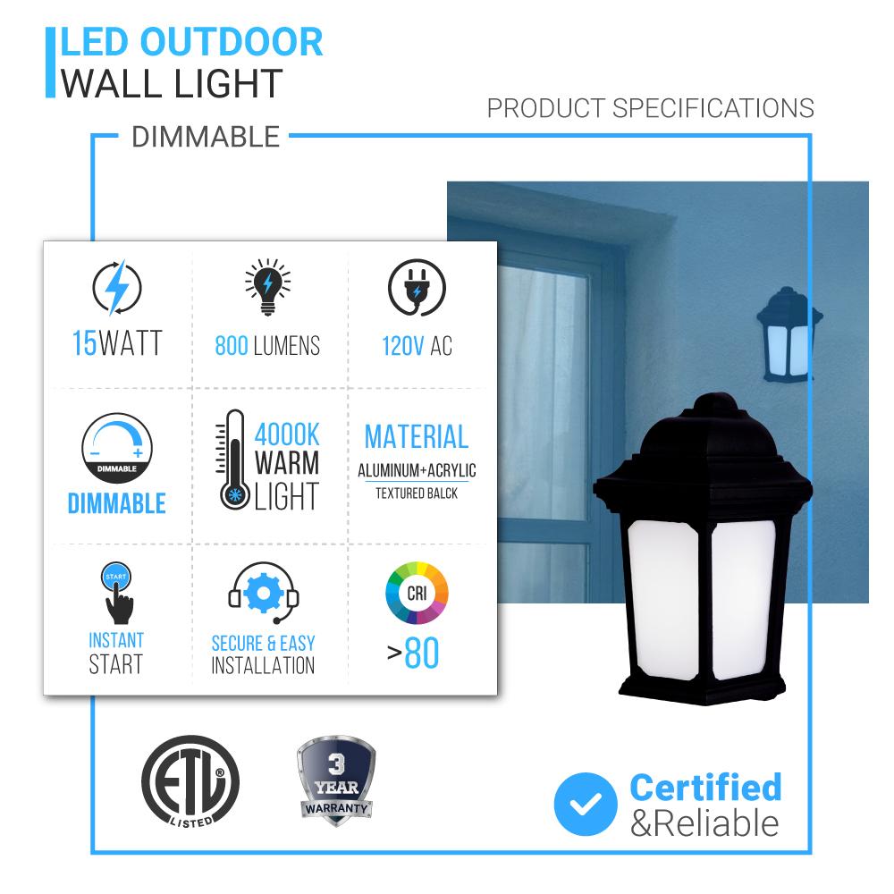 15W LED Outdoor Wall Sconce lighting Fixtures, 5000K (Daylight White), Textured Black Finish, 800 Lumens, ETL Listed