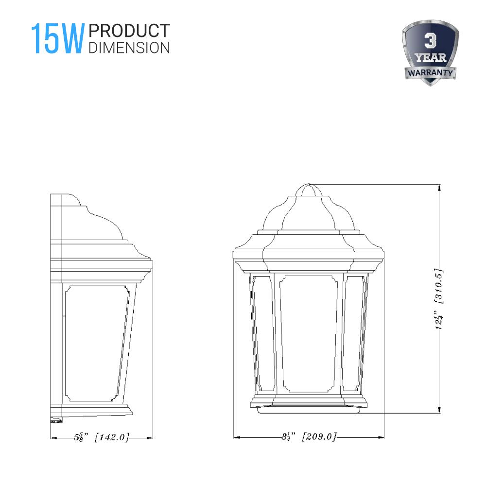 15W LED Outdoor Wall Sconce lighting Fixtures, 5000K (Daylight White), Textured Black Finish, 800 Lumens, ETL Listed