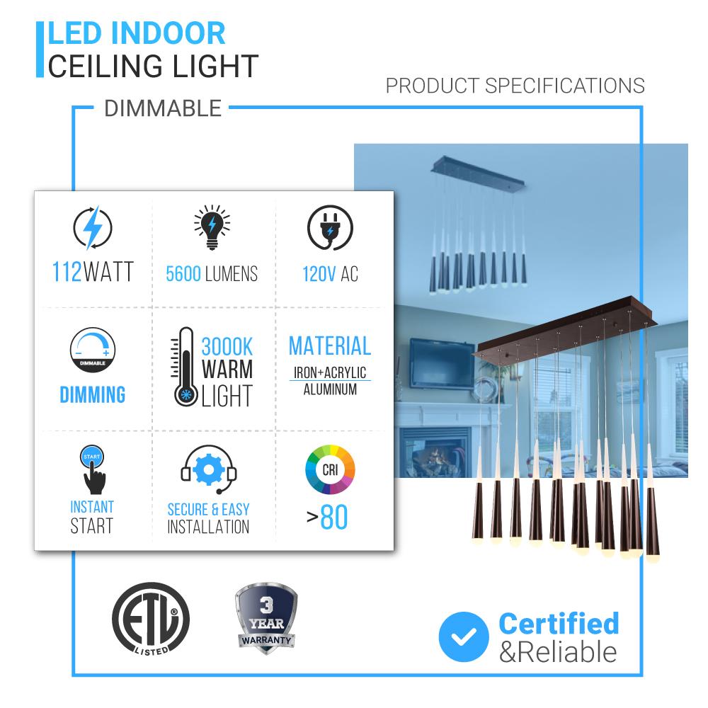 16-Light Chandelier, Industrial Hanging/ Suspension Light Fixture, 112W, 3000K(warm white), 5600LM, Island Pendant Light, Dimmable