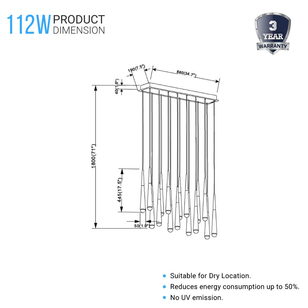 16-Light Chandelier, Industrial Hanging/ Suspension Light Fixture, 112W, 3000K(warm white), 5600LM, Island Pendant Light, Dimmable