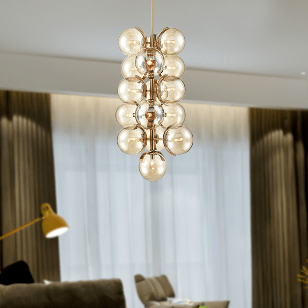 16-Light Modern Glass Ball Bubble Chandelier New Brass Finish Hardware with Mercury Glass, E12 Base - 25” D x 43“H