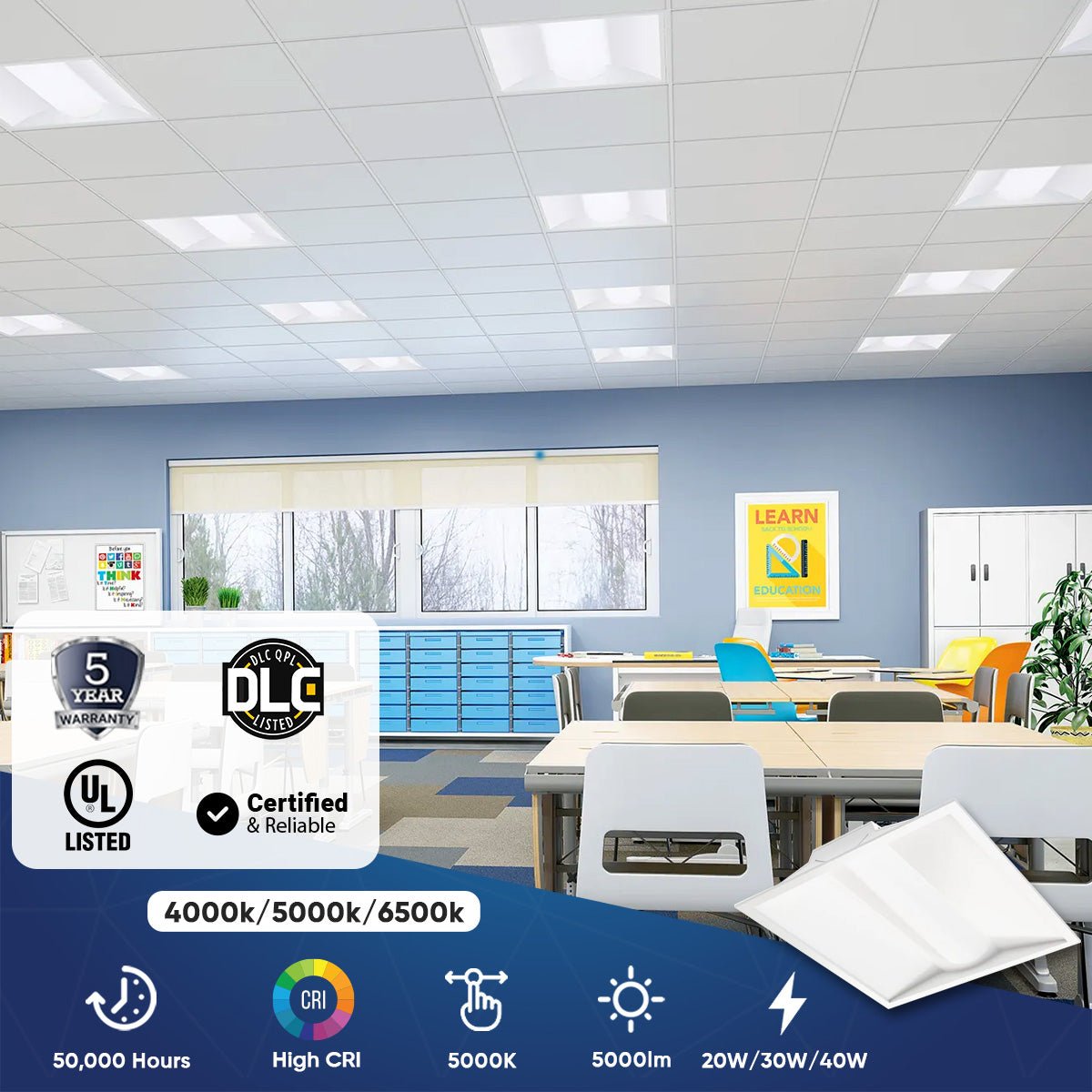 2 ft. x 2 ft. LED Center Basket Troffers, 20W/30W/40W Switchable, 4000K/5000K/6500K CCT Changeable, Dip Switch, 0-10V Dim, 100V-277V, ETL, DLC 5.1 Listed, Recessed Light Fixtures