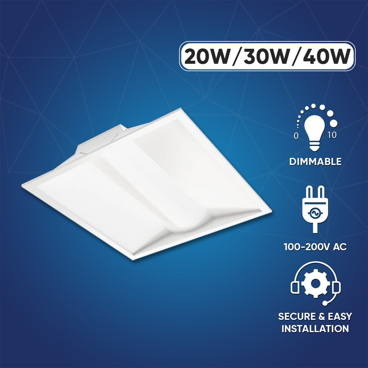2 ft. x 2 ft. LED Center Basket Troffers, 20W/30W/40W Switchable, 4000K/5000K/6500K CCT Changeable, Dip Switch, 0-10V Dim, 100V-277V, ETL, DLC 5.1 Listed, Recessed Light Fixtures