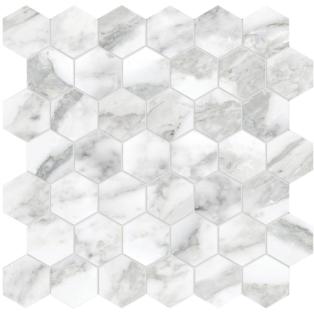 2 In Hexagon La Marca Arabescato Polished Glazed Porcelain Mosaic