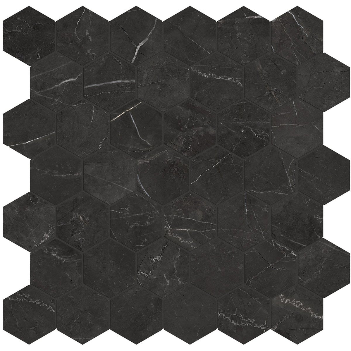 2 In Hexagon La Marca Nero Venato Polished Glazed Porcelain Mosaic