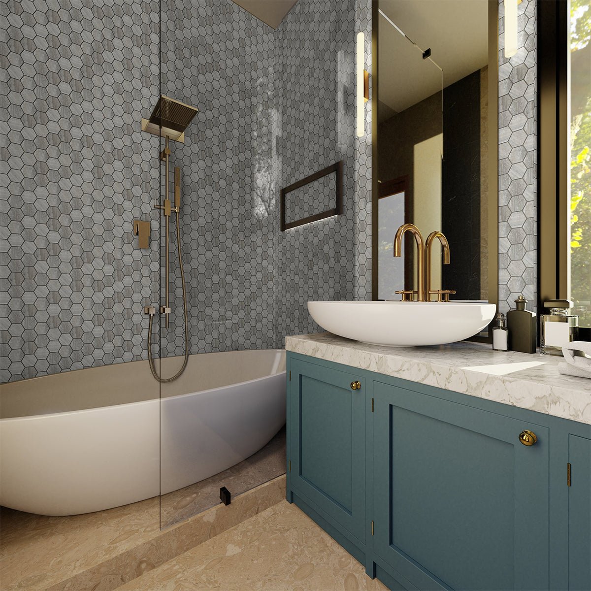 2 In Hexagon La Marca Polished Glazed Porcelain Mosaic