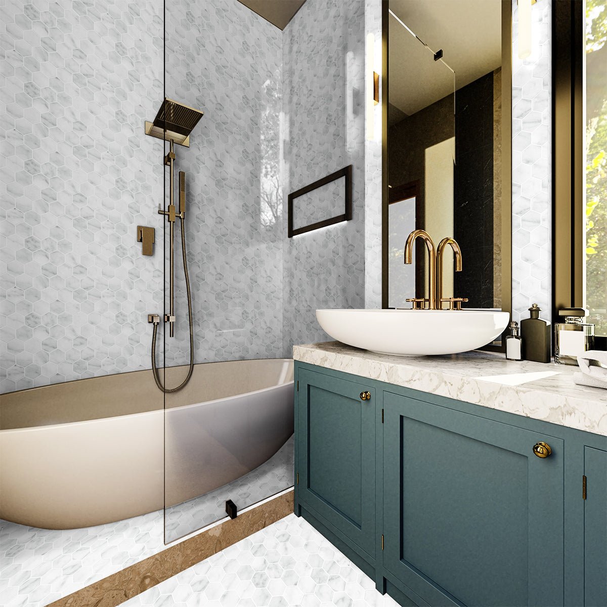 2 In Hexagon Plata Carrara Polished Glazed Porcelain Mosaic