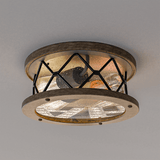2-Light Flush Mount Ceiling Light - Modern Industrial Ceiling Light Fixture for Kitchen Hallway Bedroom, Matt Black+Wood Finish with Seeded Glass Cover - 5.83"H x 12"D