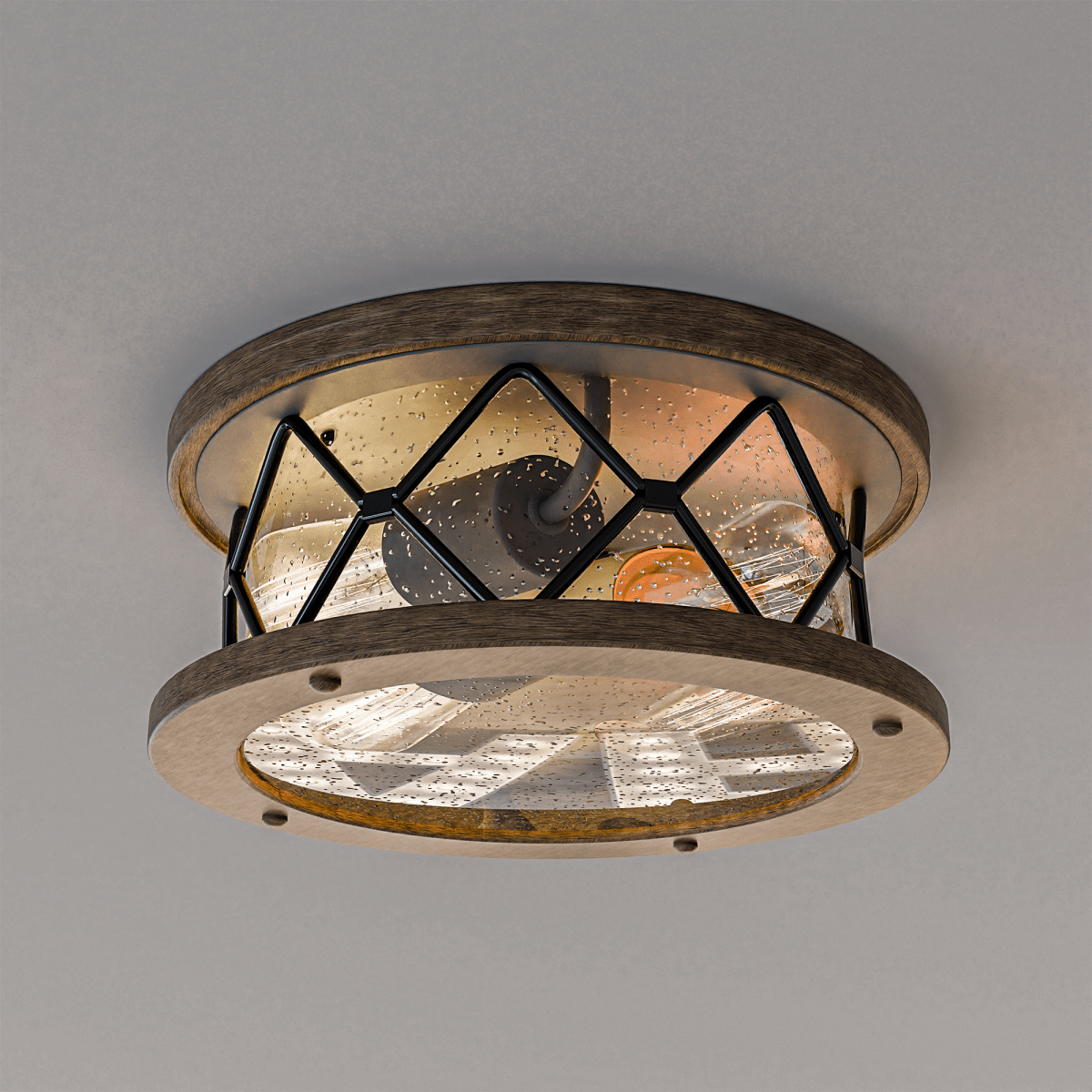 2-Light Flush Mount Ceiling Light - Modern Industrial Ceiling Light Fixture for Kitchen Hallway Bedroom, Matt Black+Wood Finish with Seeded Glass Cover - 5.83"H x 12"D