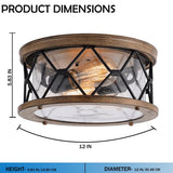 2-Light Flush Mount Ceiling Light - Modern Industrial Ceiling Light Fixture for Kitchen Hallway Bedroom, Matt Black+Wood Finish with Seeded Glass Cover - 5.83"H x 12"D