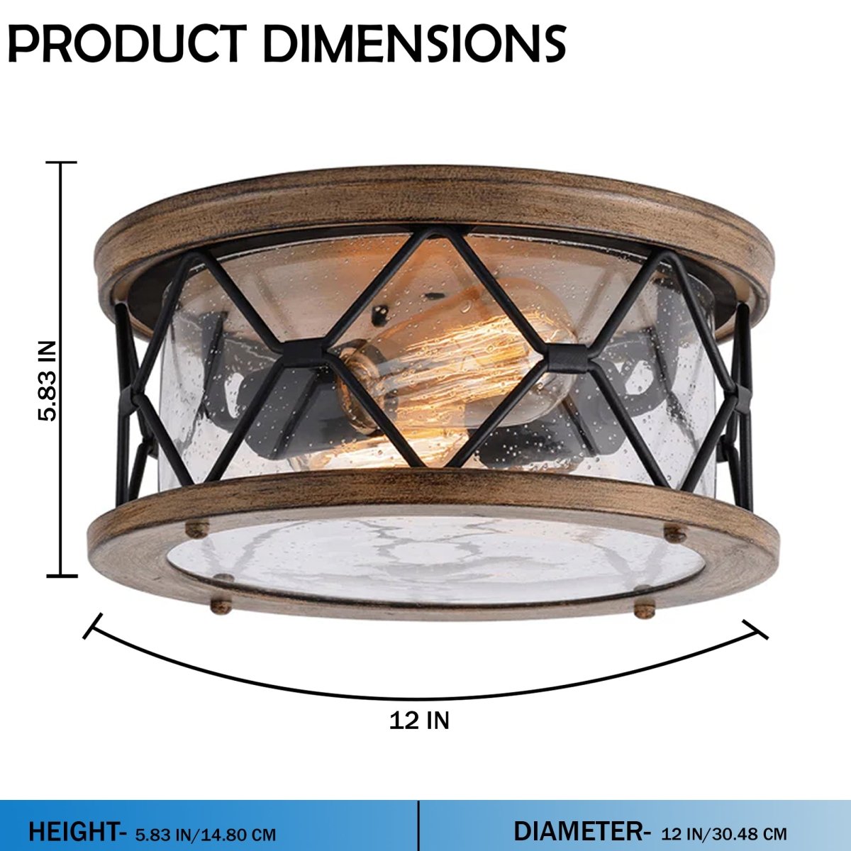 2-Light Flush Mount Ceiling Light - Modern Industrial Ceiling Light Fixture for Kitchen Hallway Bedroom, Matt Black+Wood Finish with Seeded Glass Cover - 5.83"H x 12"D