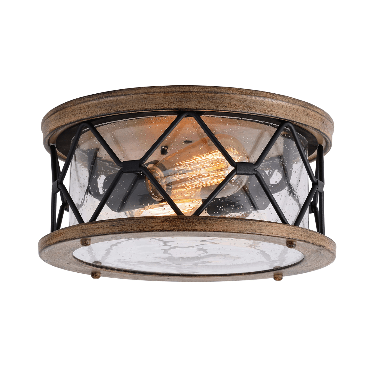 2-Light Flush Mount Ceiling Light - Modern Industrial Ceiling Light Fixture for Kitchen Hallway Bedroom, Matt Black+Wood Finish with Seeded Glass Cover - 5.83"H x 12"D