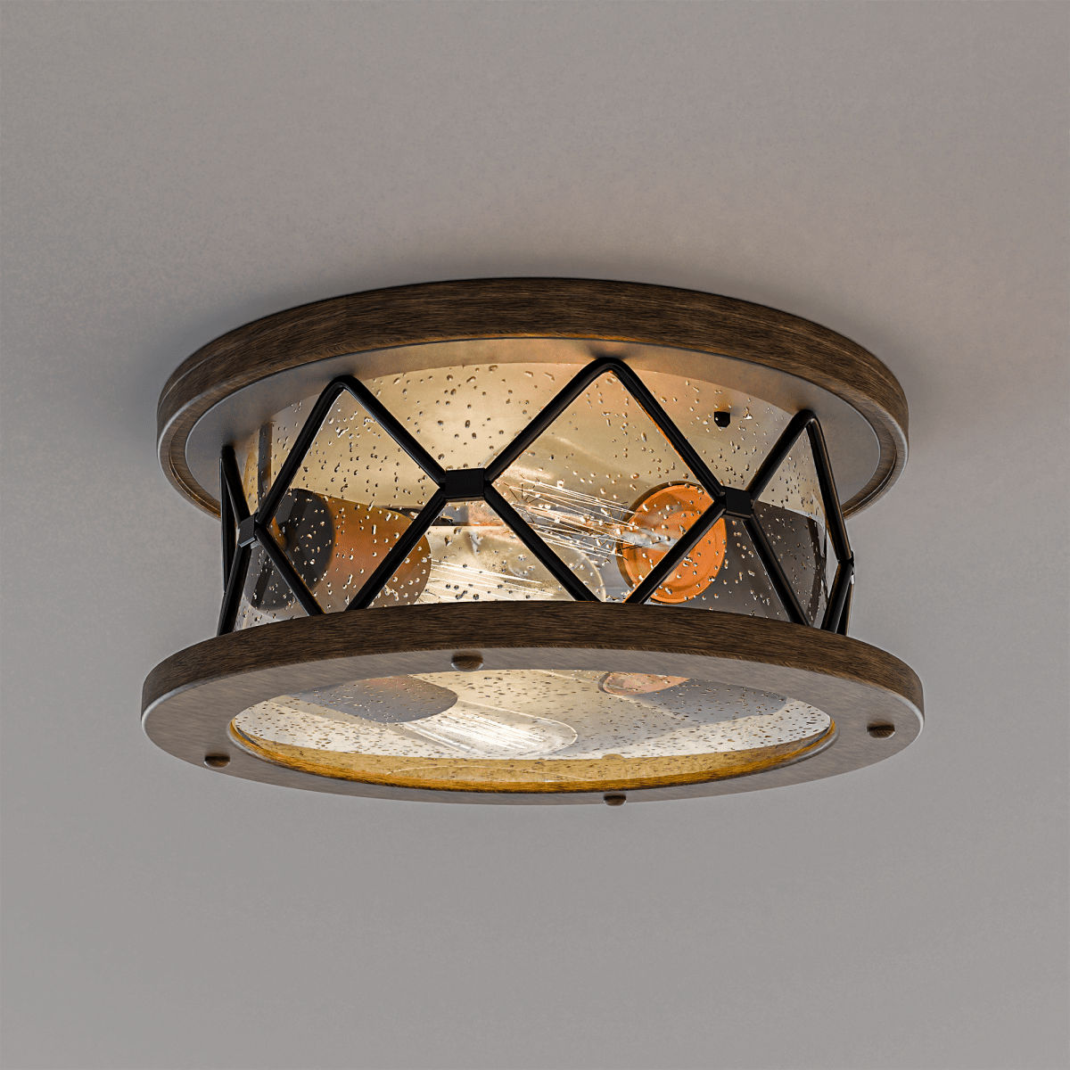 2-Light Flush Mount Ceiling Light - Modern Industrial Ceiling Light Fixture for Kitchen Hallway Bedroom, Matt Black+Wood Finish with Seeded Glass Cover - 5.83"H x 12"D
