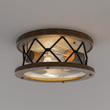2-Light Flush Mount Ceiling Light - Modern Industrial Ceiling Light Fixture for Kitchen Hallway Bedroom, Matt Black+Wood Finish with Seeded Glass Cover - 5.83"H x 12"D