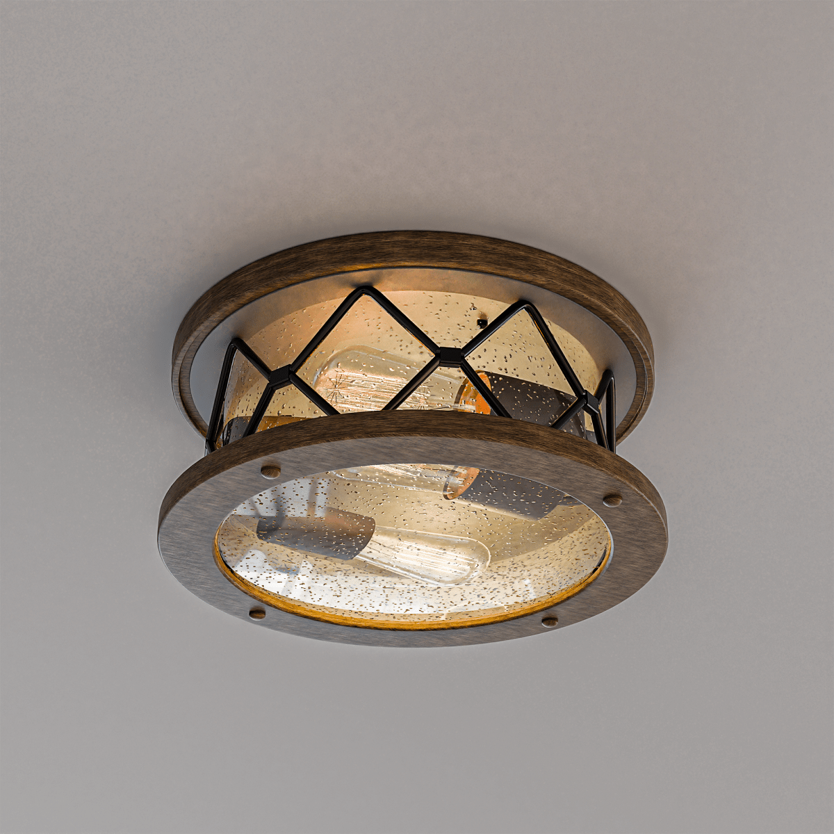 2-Light Flush Mount Ceiling Light - Modern Industrial Ceiling Light Fixture for Kitchen Hallway Bedroom, Matt Black+Wood Finish with Seeded Glass Cover - 5.83"H x 12"D
